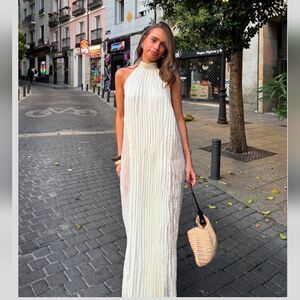 NWT ZARA LONG PLEATED DRESS Light Beige Satim